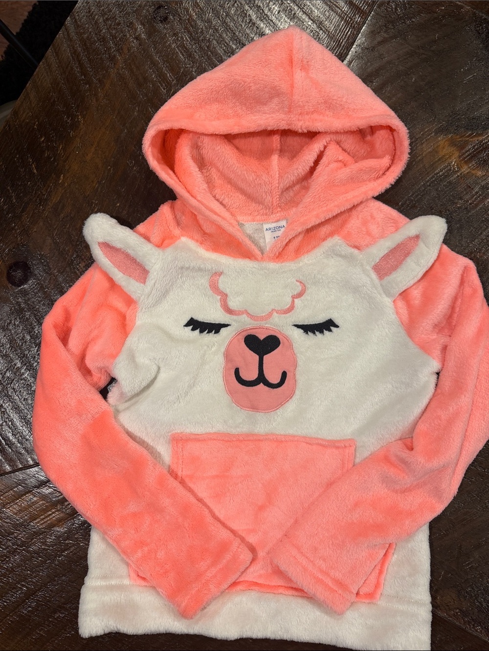 Arizona Jean Company Girls Plush Hooded Llama Pullover - Coral & Cream 7/8
